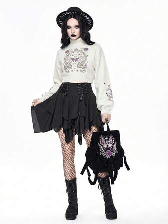 Goth Jersey corto de cuello alto oscuro para mujer, blusa de punto con mangas abullonadas y estampado jacquard de piel de serpiente y mariposa vintage, otoño/invierno