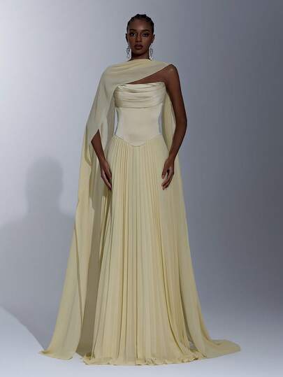 Elitara Elegant Pale Yellow Minimalist & Chic Satin & Chiffon Splice Draped Neck Pleated Hem A-Line Maxi Dress, Adjustable Size (Detachable Neck Strap Included), Suitable For Dates, Vacations, Singles Parties, Weddings, Women's Evening Gowns