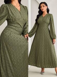 Veilorie Women's Elegant Party Solid Color Textured Lantern Sleeve Arabic Style Dress