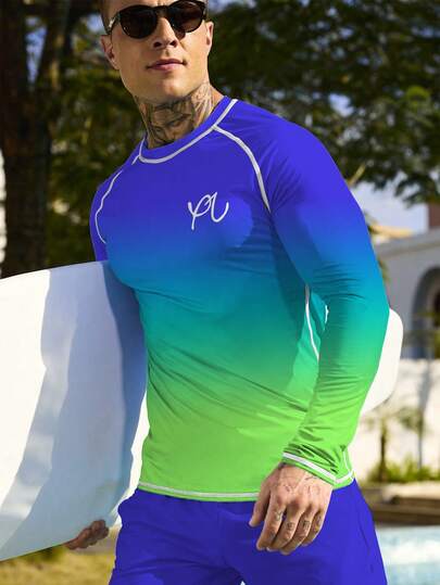 Manfinity Swimmode قميص رجالي بياقة طاقم وأكمام راجلان بتدرج اللون، كاجوال مريح وقابل للتنفس بأكمام طويلة لركوب الأمواج