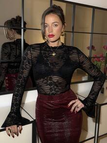 Lavishia Women's Floral Lace Long Sleeve Sexy Fashion Blouse - Black - View 3