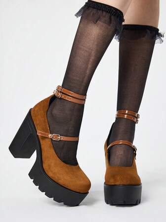 Kawaii Scarpe Mary Jane da donna con punta chiusa, tacco largo, cinturino alla caviglia, piattaforma impermeabile, multi-cinturino, décolleté da festa per Natale