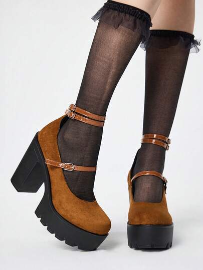 Kawaii Scarpe Mary Jane da donna con punta chiusa, tacco largo, cinturino alla caviglia, piattaforma impermeabile, multi-cinturino, décolleté da festa per Natale