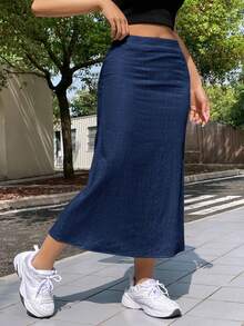 SHEIN EZwear Linen Lightweight Long Skirt, Summer - Navy Blue - View 3