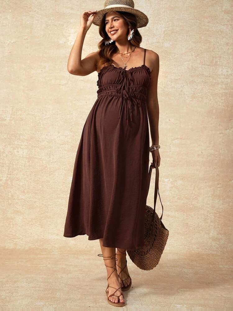 Maternity Solid Color Spaghetti Strap Tie-Waist Casual Summer Dress - Rust Brown - View 3