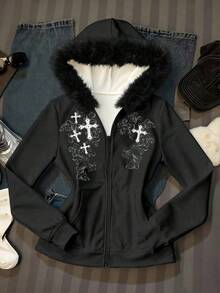 SHEIN EZwear 灰色哥特风女式水钻仿毛皮连帽卫衣，拉链卫衣，灰色卫衣，女式卫衣，B2 - 黑色 - 查看 4
