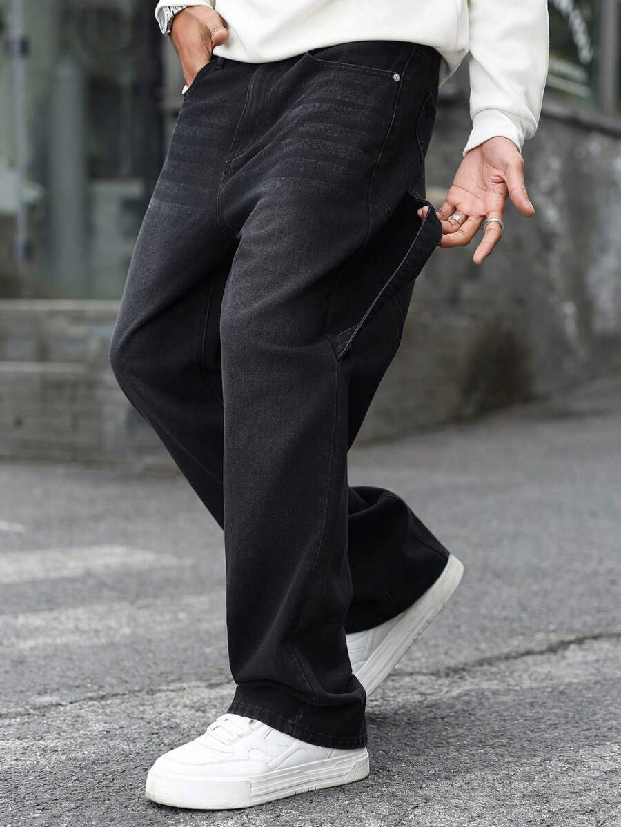 Manfinity Hypemode 男士户外休闲拼接黑色水洗宽松直筒牛仔裤 - 黑色 - 查看 1