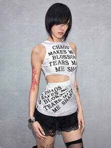 ROMWE Avant Spring/Summer Fashionable Hollow Slogan English Print Women Tank Top - White - View 4