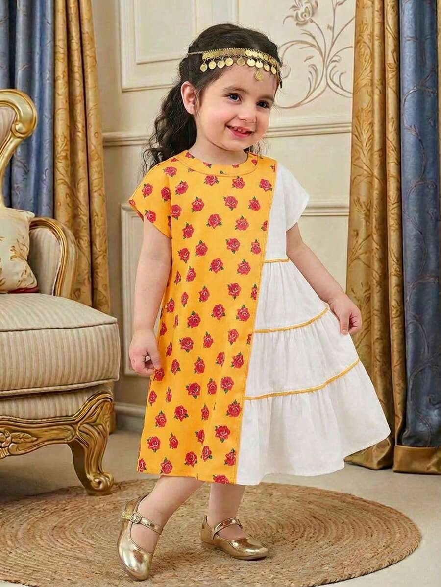 SHEIN Đầm tay ngắn họa tiết hoa nhiều màu dễ thương cho bé gái đi nghỉ mát - Màu vàng - Xem 1