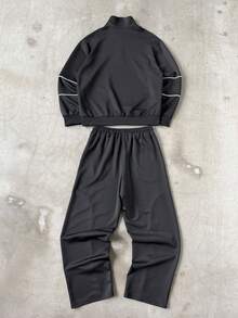 Manfinity Homme 成熟休闲舒适半开领侧开衩男士夹克套装 男士慢跑裤套装 男士两件套 男士运动服 男士运动套装 男士两件套 黑色 - 黑色 - 查看 2