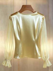 GlowEve 女士时尚优雅珍珠网纱长袖衬衫 - 黃色 - 查看 2
