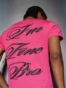 PAVTROS 男士休闲时尚圆领短袖T恤，宽松针织衫，复古手写标语，独特风格，趣味标语“我很好，兄弟”，轻松、幽默、充满活力，个性化定制，日常休闲、街头风、派对、返校、时尚、节日礼物、男友礼物，男女皆宜 - 粉色 - 查看 5