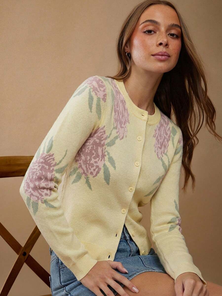 WESTFADE 圆领纽扣前开襟乡村西部风花卉嵌花长袖开衫毛衣，休闲可爱波西米亚风，适合秋季、冬季、乡村音乐会、西部风格场合，女士 - 淡黃色 - 查看 1