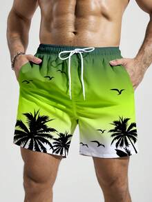 Manfinity Swimmode Men's Drawstring Waist Pockets Coconut Tree Print Casual Vacation Beach Shorts - Green - View 3