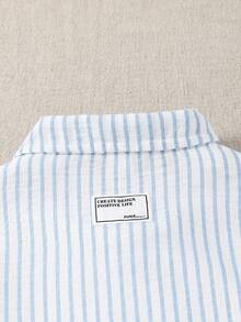 Casuvi Kids 1pc Blue & White Striped Casual Shirt For Teenagers (Boys), With Delicate CA Embroidered Pattern On Chest, Fashionable Woven Label On Back, Suitable For School, Commute, Weekend Gatherings, And Casual Lifestyle Boys Striped Shirt Royal Blue And White Boys Shirt Boys Preppy Tops - Blue and White - View 8