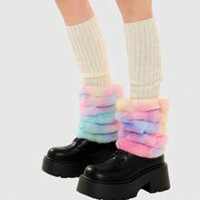 ROMWE 1 Pair Kawaii Rainbow Tie-Dye Fuzzy Patchwork White Knit Leg Warmers - White - View 4