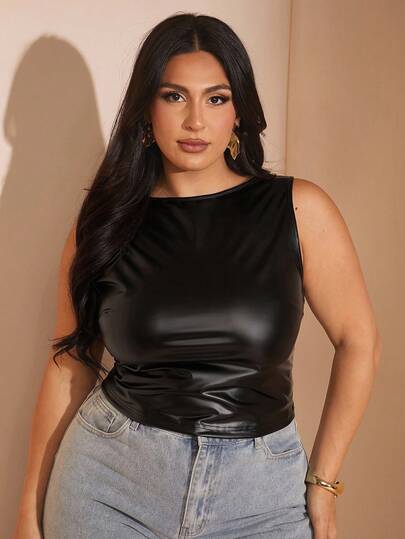 SHEIN BAE 女式夏季纯色 PU 皮革褶皱修身背心