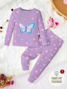 2件套女婴蝴蝶星形印花针织弹力面料舒适柔软夜光长袖上衣和裤子睡衣套装 - 淡紫色 - 查看 5