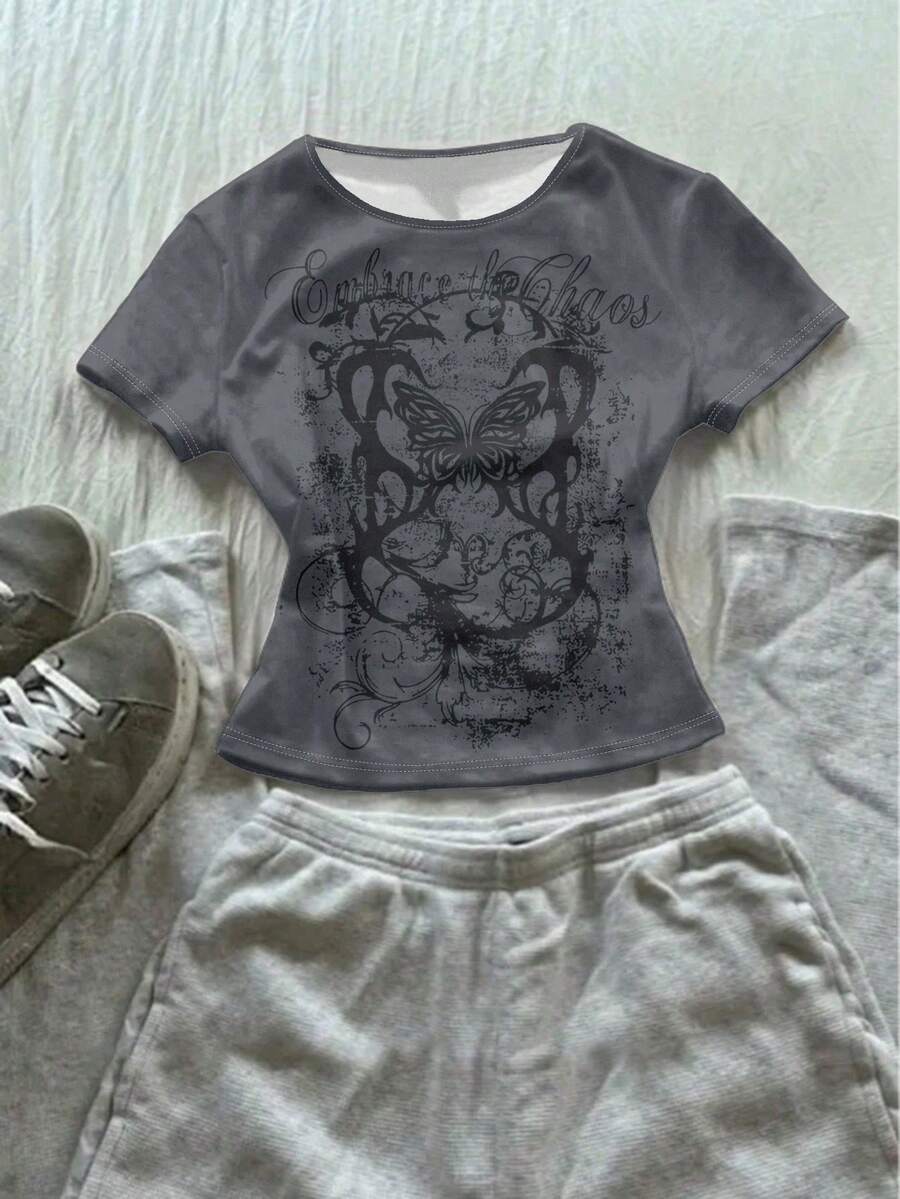 SHEIN 炭灰色，少女休闲复古嬉皮学院风朋克哥特风印花短袖修身圆领T恤，适合春夏日常穿着、外出、街头摄影 - 彩色 - 查看 1