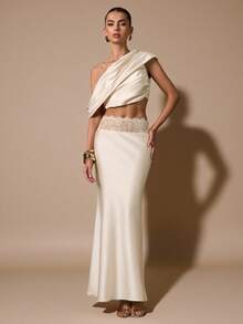 SHEIN BAE Áo kiểu satin xếp ly bất đối xứng, màu mơ thanh lịch dành cho nữ, thích hợp cho các bữa tiệc, sự kiện cocktail, váy sinh nhật, váy phù dâu, trang phục khách mời đám cưới, mùa thu/đông. - Màu be - Xem 7