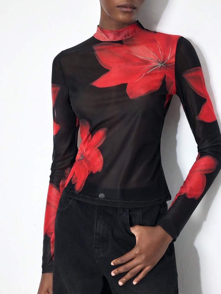 SHEIN Maija Women's Floral Print Mock Neck Long Sleeve Fashionable Black And Red Top Beach Summer Holiday Each Vacation For Women
