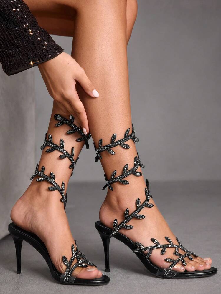 CUCCOO SZL Women's Pointed Toe Floral Rhinestone Embellished Elegant High Heel Sandals Valentine's Day