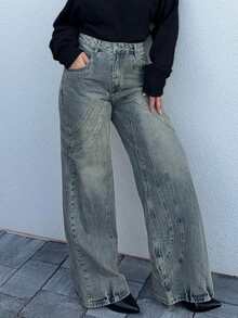 Jeta Ari Stitching Loose Fit Jeans, Spring 90's Y2k Casual Cute Espresso Western Concert Festival Fall Autumn Winter Nashville Fall Autumn Back To School Office Work Thanksgiving Chic - Mustard Yellow - View 4