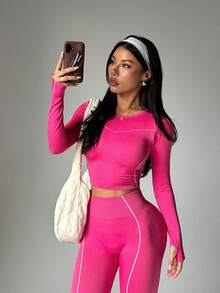 Women's Casual Sports Running & Fitness T-Shirt & Leggings Set - Hot Pink - View 2