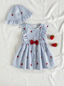SHEIN Vintaside Kids Summer Newborn Baby Girl Apricot Round Neck Ruffle Cartoon Cherry Print Sleeveless Red Bow Dress With Red Hat Elegant And Cute - Blue - View 4