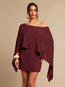 Silquee 春秋季纯色船领迷你连衣裙，性感露肩镂空露背设计，休闲优雅垂坠海滩度假风，适合生日派对、酒吧、音乐会等场合。 - 酒紅色 - 查看 6