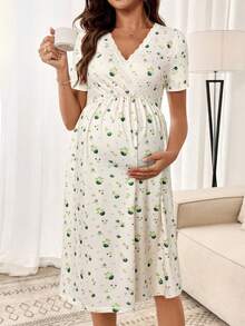 SHEIN 孕妇交叉裹身蕾丝边方领短袖休闲碎花连衣裙 - 綠色 - 查看 3