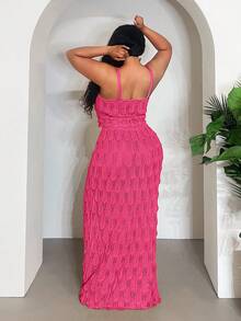 Veslaya 2025 New Sexy/Vacation/Elegant Sleeveless Hollow-Out Cropped Top And Bodycon Maxi Skirt Set - Hot Pink - View 2
