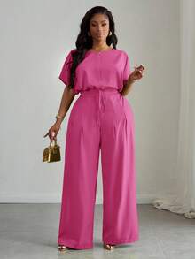 Slaydiva Women's Plus Size 2-Piece Set Blush Pink,Summer,Casual,Everyday,Formal Elegant Commute Loose Drop Shoulder Drawstring Cropped Top & Wide Leg Pants - Hot Pink - View 8