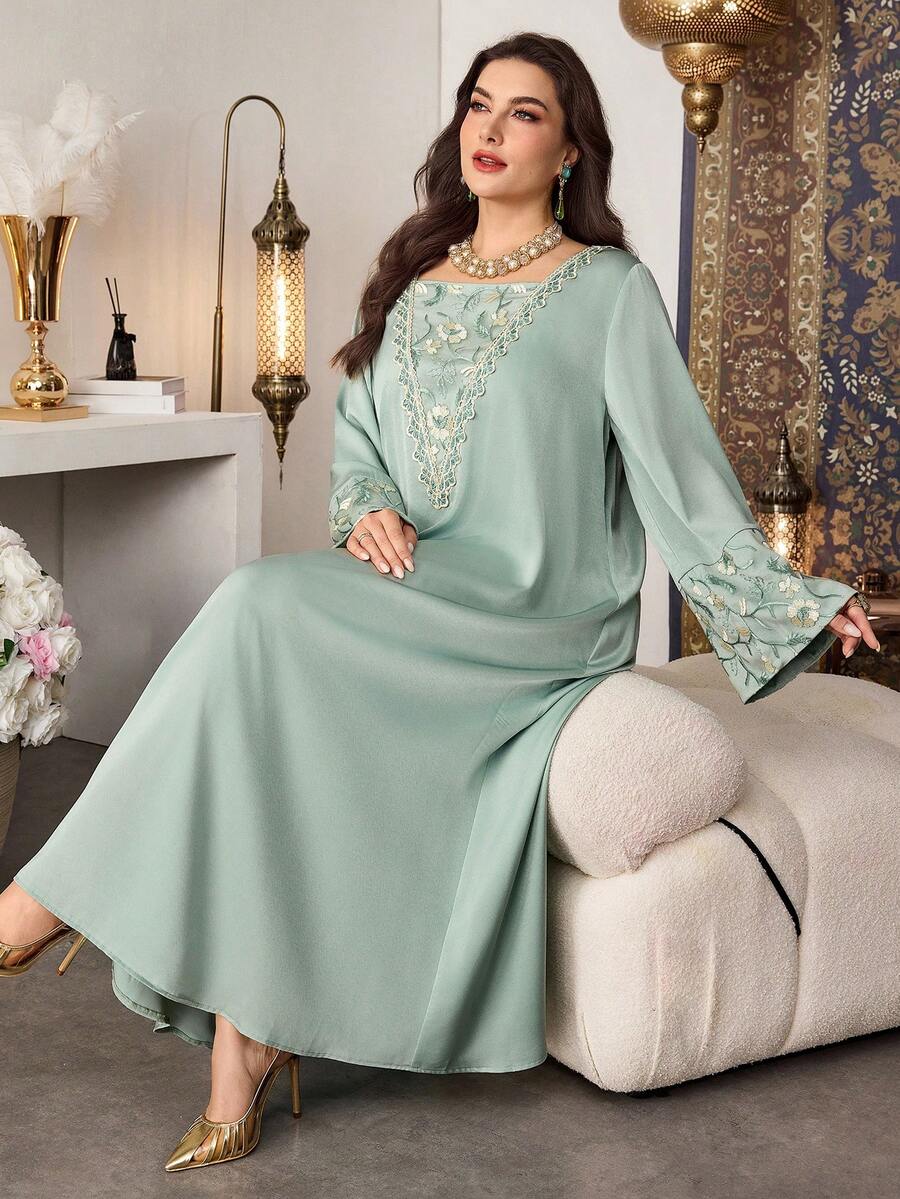 SHEIN Najma CURVE Vestido de manga abullonada con cuello cuadrado, parches de malla y bordados, elegante para primavera/verano