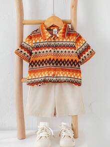 SHEIN 2pcs Baby Boys Texture Knit Shirt And Khaki Casual Shorts, Suitable For Vacation, Birthday Party, Rave, Evening Party, Performance, Wedding, Baby Shower, And 1st Birthday Celebration - Multicolor - View 8