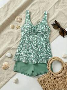 Swim Lushoire Women's Summer Beach Vacation Allover Print Ruched Twist Front Tankinis Swimsuit - Army Green - View 5