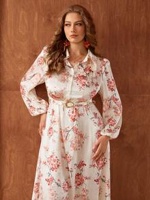 Flirla Plus Size Women's French Style Casual Elegant Floral Print Fitted Long Sleeve Dress Blouse Dress Floral Modest Summer Dresses Long Sleeve Floral Dress Long Sleeve Summer Dresses Floral Dress Women Elegant Floral Two Piece Set Vacation Jumpsuit Woman Floral Romper Women Floral Jumpsuit For Women Cottagecore Dress - Multicolor - View 3