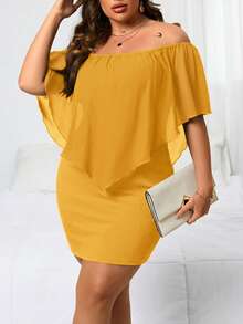 Reflora Plus Size Women's Fashionable Solid Color Off-Shoulder Short Dress - Mustard Yellow - View 1