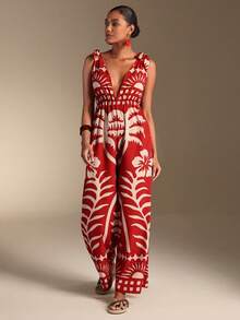 Swim Lushoire Women's Beach Vacation Casual Printed Jumpsuit Coverup - Black - View 3