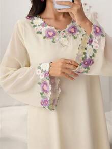 Yasmyna Women's Apricot Long Sleeve Chiffon Ruffle Hem Elegant Arabic Style Dress, Spring/Summer