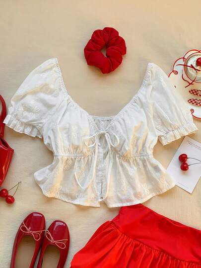 Comfortcana Camisa de verano casual de mujer con unicolor y bordado con lazo