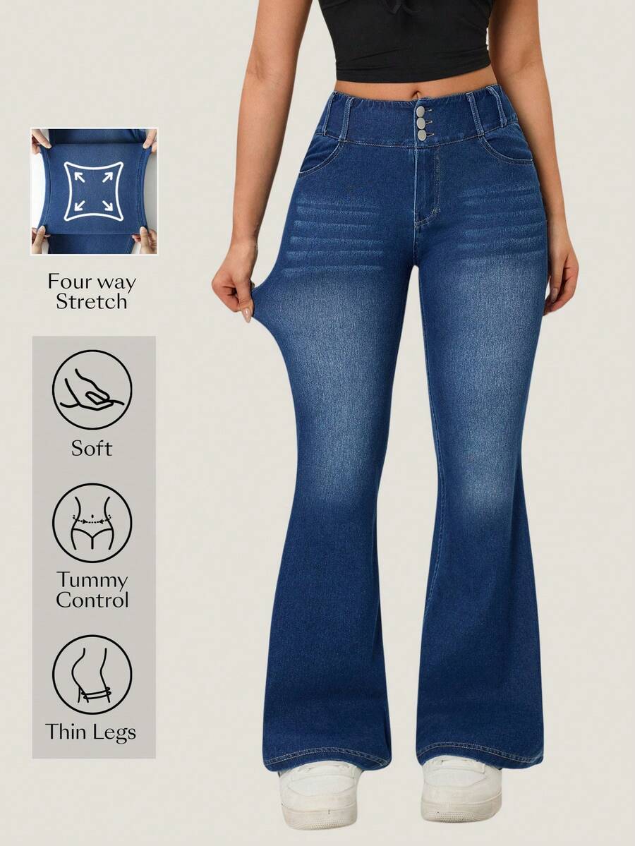 Flexra Women's Button Waist Pocket Design Flare Leg Casual Jeans - Medium Wash - View 1