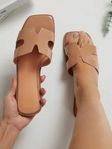 SHUZIA 女士镂空 H 型带露趾平底 PU 拖鞋 - 百搭且舒适