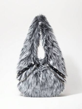 Grunge Punk Borse a spalla da donna, in peluche, borse in peluche, borse biker con borchie punk, borse hobo, borse bordeaux, borse natalizie, regali per donne, San Valentino, catena alla moda, personalità, versatile, shopping, strada, ragazze dolci e cool, ragazze hot, Y2k, quotidiano, autunno e inverno (motivo casuale)