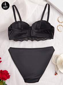 2 Pieces Set Women's Comfortable Solid Color Shiny Smooth Bra Flower Lace Scallop Trim Border Decoration Sexy Balcony Cup Steel Ring Instantlift Bra Lingerie Set - Black - View 5