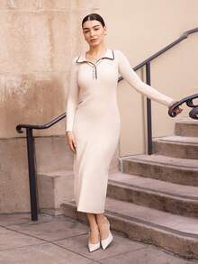 Andrea Bello Contrast Binding Button Front Slim Fit Long Sweater Dress In Fall/Winter - Apricot - View 5