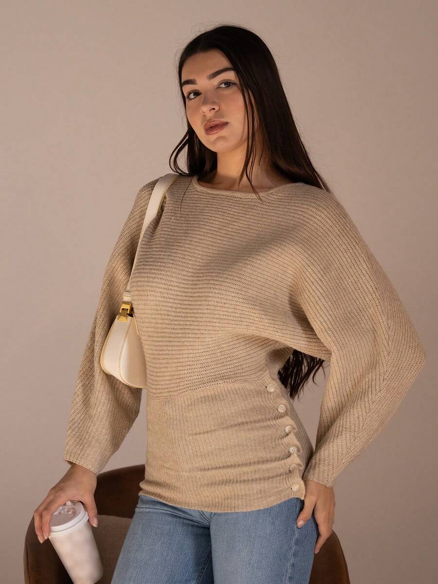Andrea Bello Women's New Autumn/Winter Single-Piece Design Batwing Sleeve High-End Buttoned Minimalist Everyday Knit Long Sleeve Top - Apricot - View 1