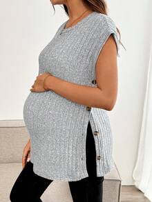 SHEIN Maternity Casual Minimalist Side Button Rib Knit Tank Top, Summer - Grey - View 3
