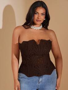 SHEIN BAE Plus Size Women's Fishbone Bralette, Tie-Up, Y2K Cropped Camisole, Suitable For Early Autumn, Spring/Summer - Coffee Brown - View 1