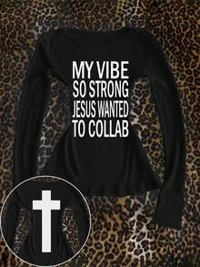 Glimmora 女士休闲标语印花圆领长袖T恤